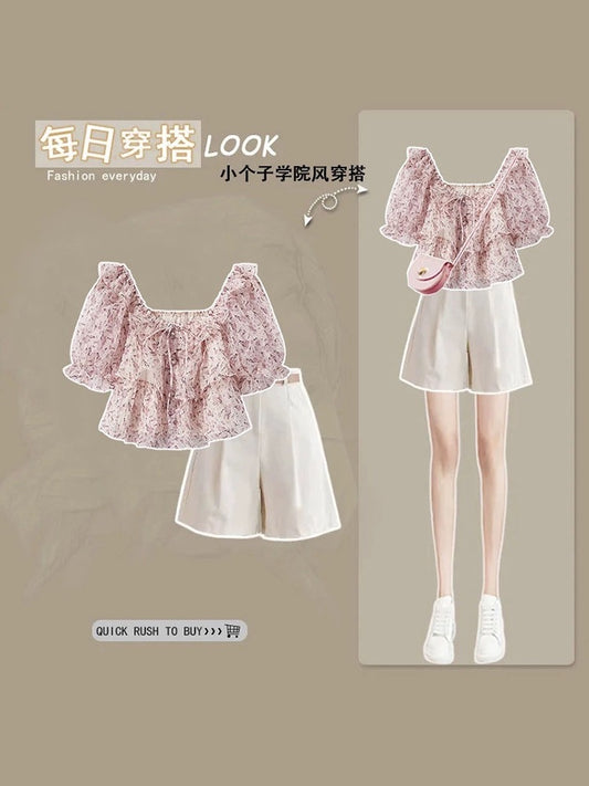 Small summer fashion suit women's new gentle style chic and beautiful top casual shorts slimming two-piece suit