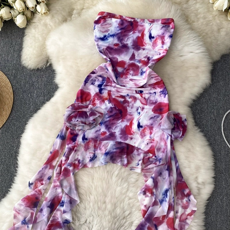 Pure desire babes smudged holiday wind tube top dress female summer streamer design sense waist waist slim fit bag hip skirt