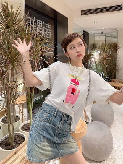 Thebestxue Korean version of white printed beading asymmetric bubble short-sleeved t-shirt women's 2023 new top summer