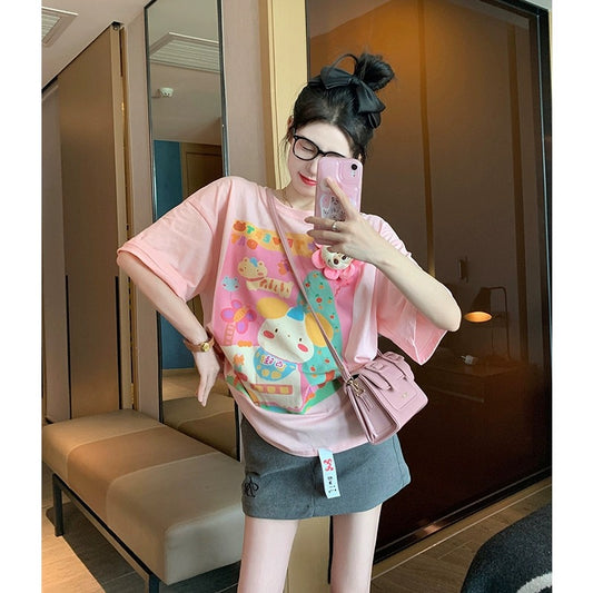 Pink short-sleeved t-shirt women's summer design sense niche loose all-match mid-length bottom bottom missing shoulder top ins