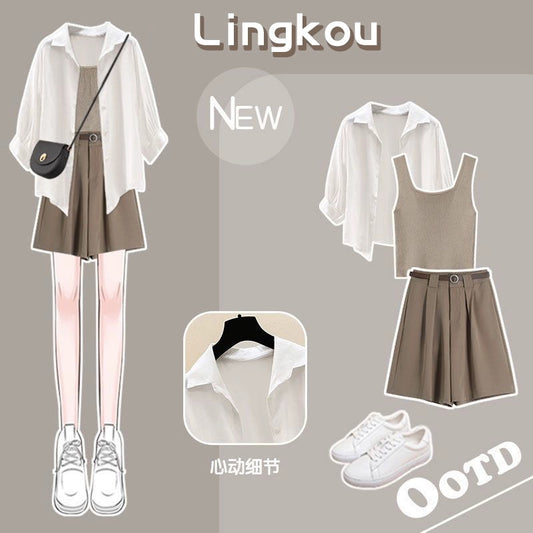 Small summer pear-shaped body suit women's new sweet and spicy top casual shorts high-end three-piece suit