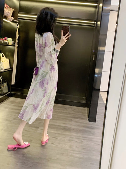 Leathercat dress female 2023 new French sweet temperament small waist slim floral dress