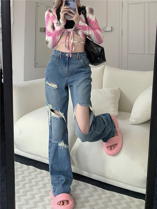 kumikumi ripped jeans women's high waist loose straight wide leg pants winter design trousers mopping pants