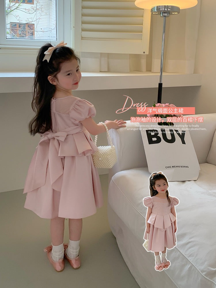 Girls dress 2023 summer new foreign style pink little girl skirt puff sleeve children's birthday princess dress