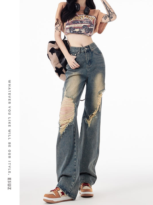 American retro ripped straight jeans women's summer new high street vibe style high waist slim loose wide leg pants