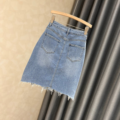 European station heavy industry beaded denim skirt women's summer new irregular rough edge retro high waist bag hip skirt