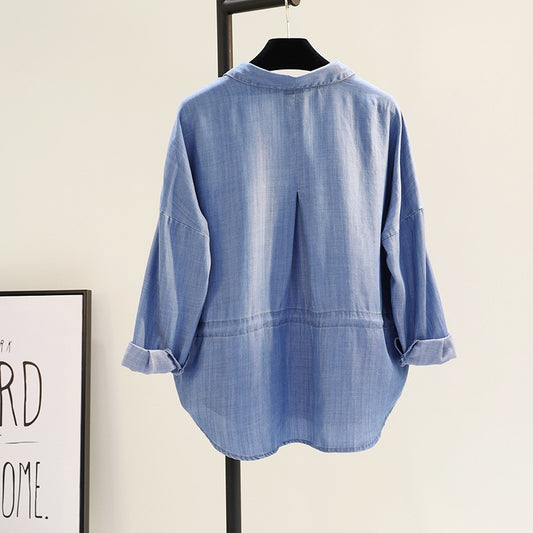 French Hepburn Tencel Denim Cotton Shirt Female 2023 Spring New Drawstring Double Pocket Shirt Cardigan Top Trend