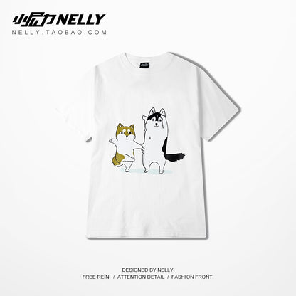 Korean ulzzang Harajuku cartoon male and female girlfriends Japanese couple printed T-shirt loose student short-sleeved tide