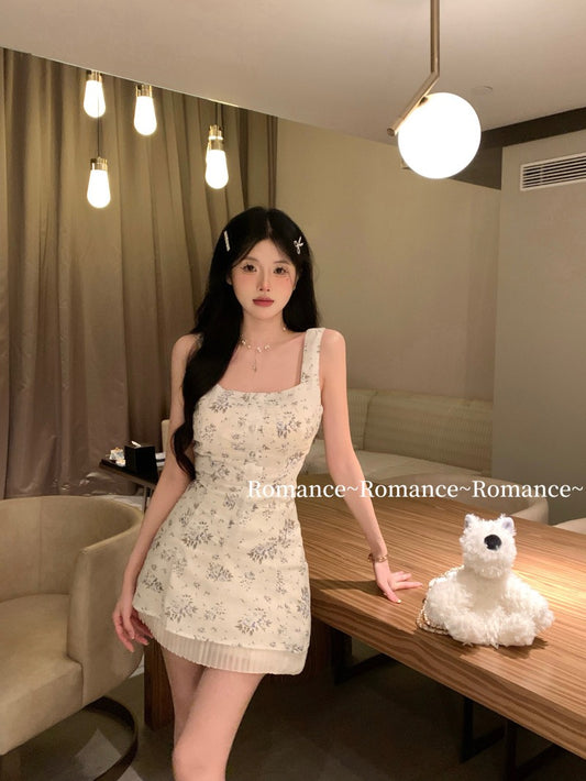 Sweet hot girl floral sling dress female summer skirt splicing culottes temperament small pure desire a-line skirt