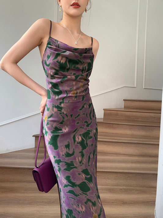 Guoge custom sling dress female 2023 summer new high-end sense French waist smudged satin dress