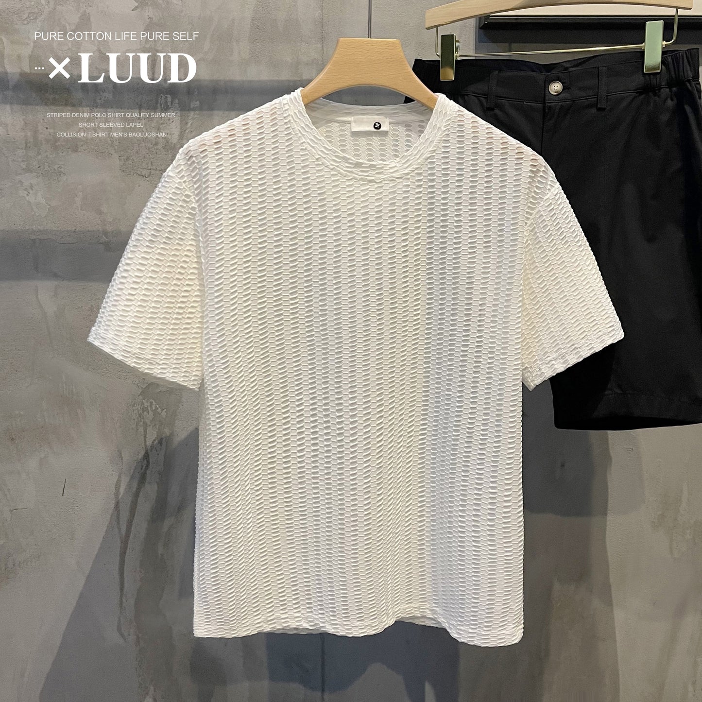LUUD modern fashion hollow niche design solid color T-shirt simple breathable trendy men's round neck short-sleeved top