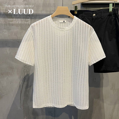 LUUD modern fashion hollow niche design solid color T-shirt simple breathable trendy men's round neck short-sleeved top