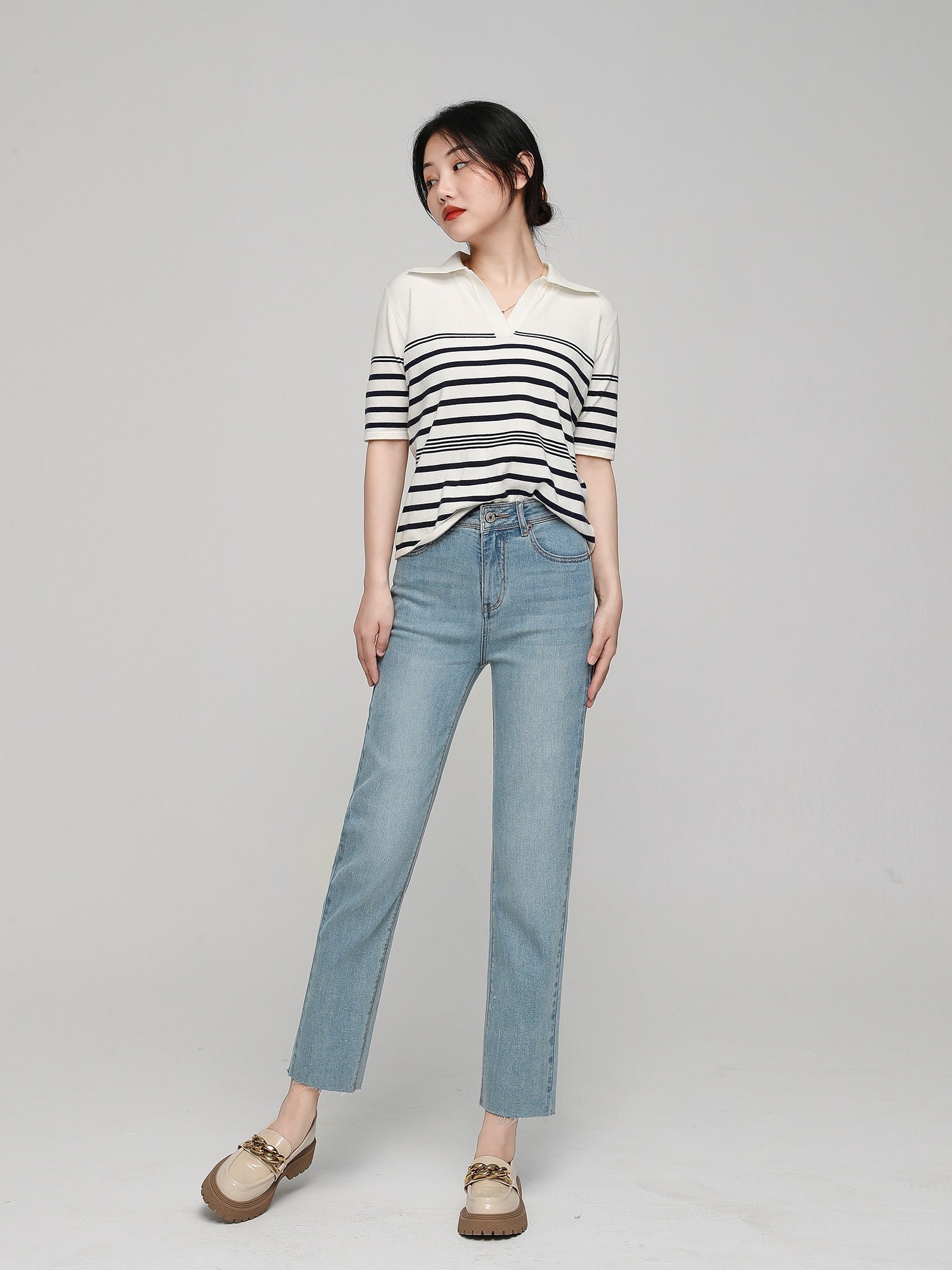 2024 new spring jeans for women light blue small straight cigarette pants  cuffed stretch comfortable soft denim