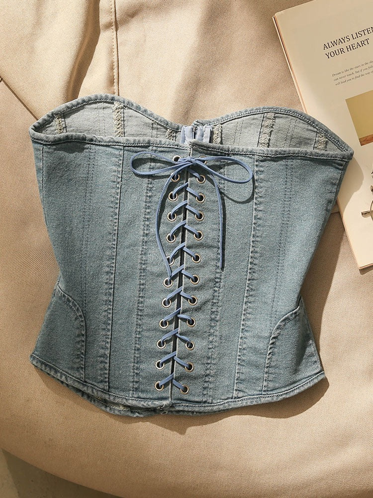 Denim suspenders small vest women's inner and outer wear women's summer self-cultivation tied rope corset design sense tube top bottoming top