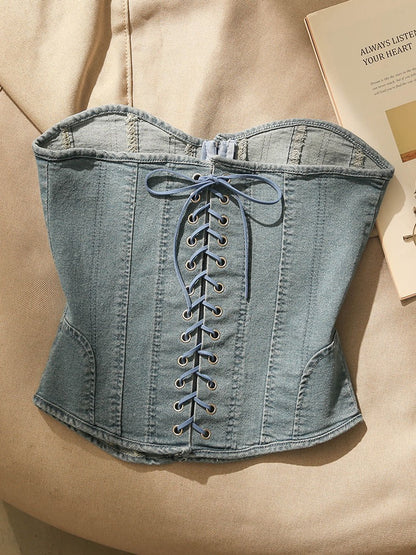 Denim suspenders small vest women's inner and outer wear women's summer self-cultivation tied rope corset design sense tube top bottoming top