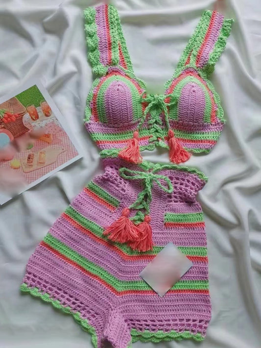 Design sense niche hit color woven small suspenders shorts women's 2023 summer new holiday wind beach suit