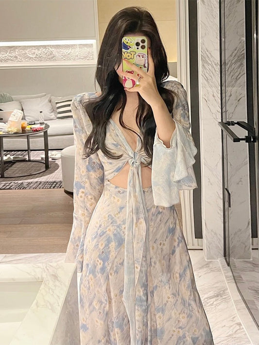 STRIVE/Yumiko French romantic vacation wind dress spring sexy waistless blue floral dress female