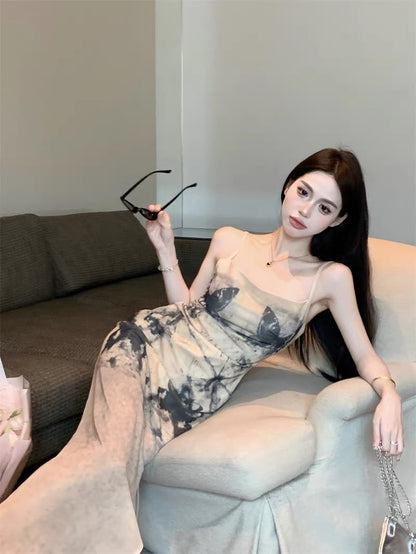 French sexy butterfly tie-dye suspender dress female summer temperament slim slit bag hip long skirt hot girl skirt