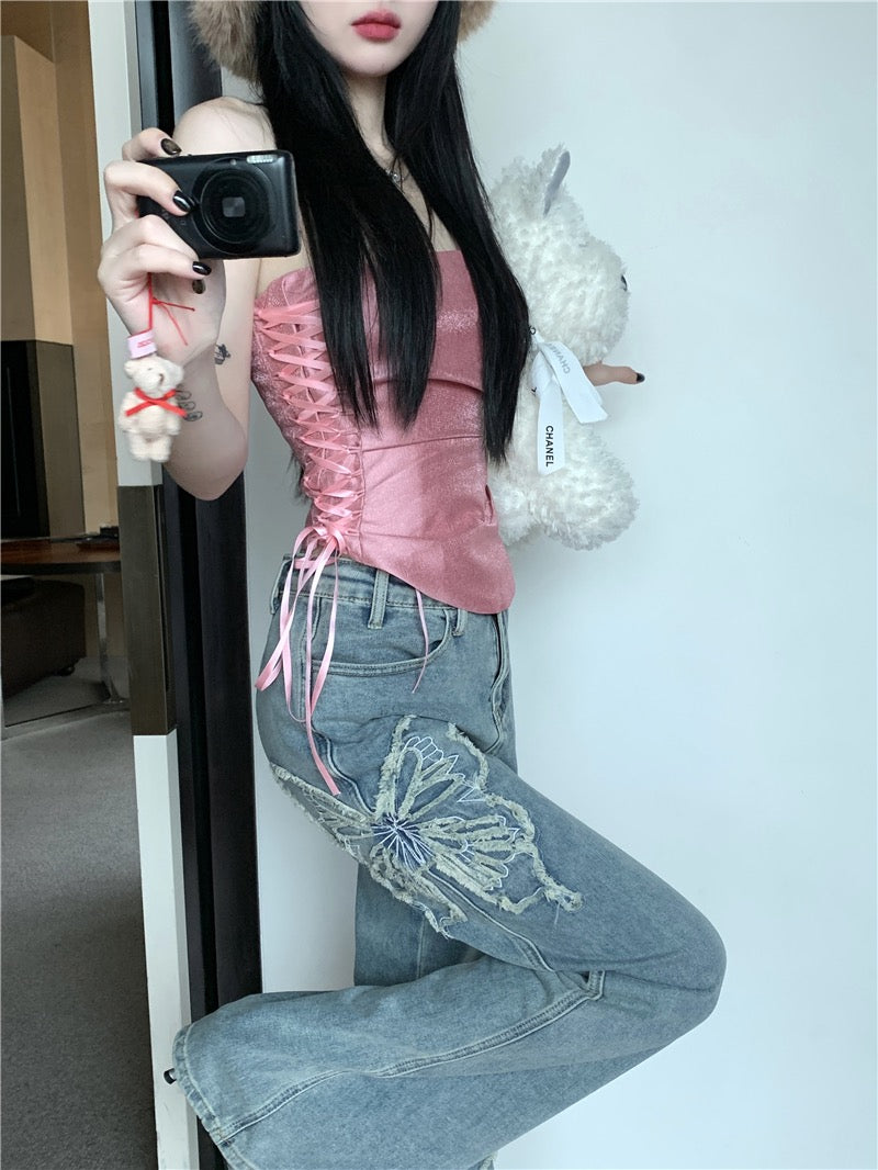 kumikumi design sense butterfly embroidery retro washed jeans women's summer thin micro-pants mopping pants