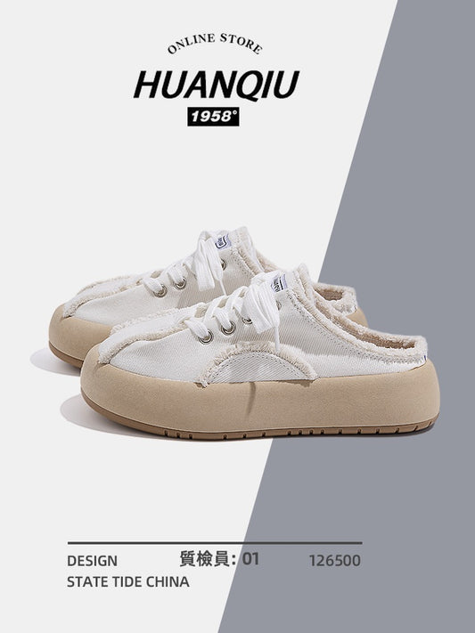 Universal thick-soled canvas shoes for women 2023 new half-drag casual lazy slip-on high-end fashion small white shoes for women
