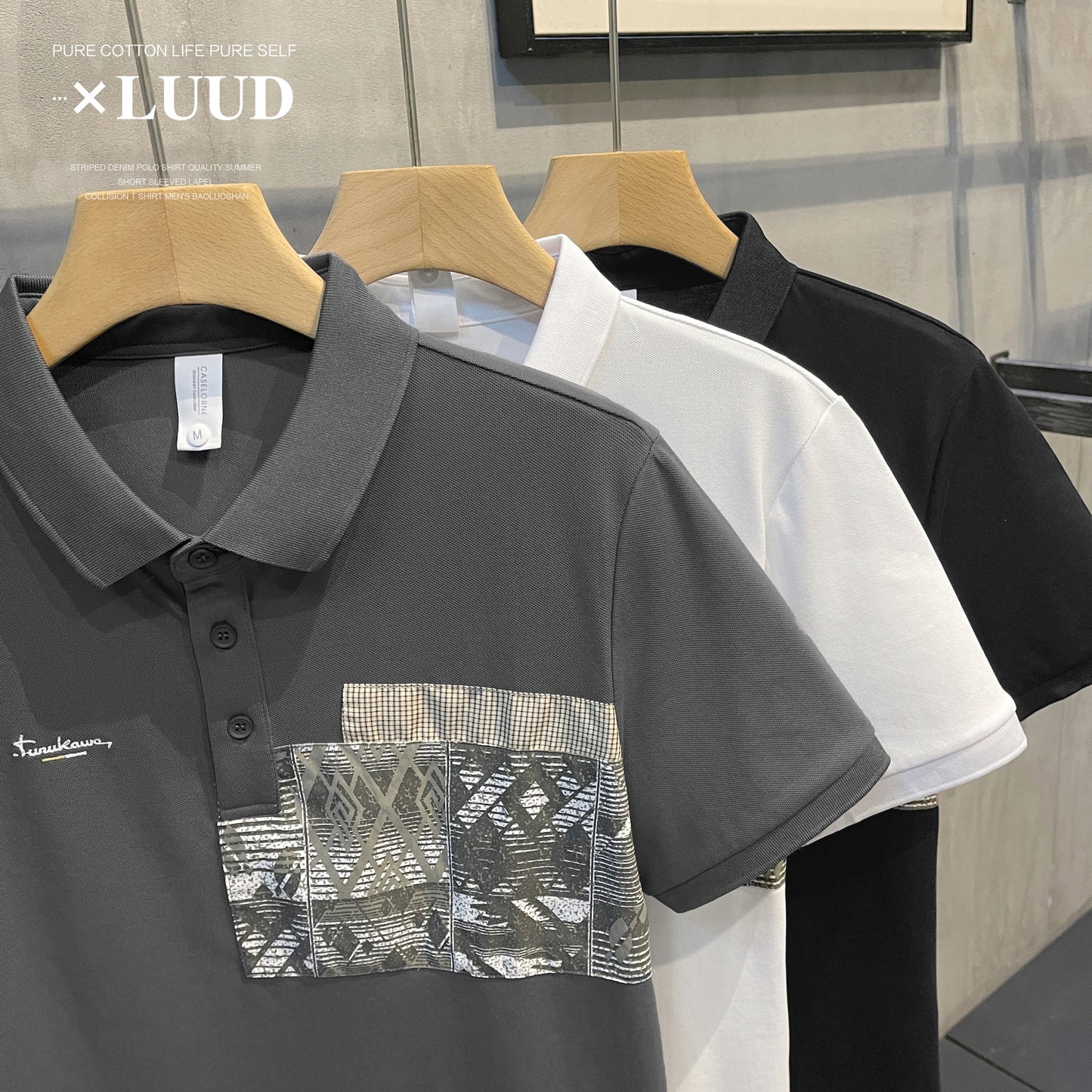 LUUD men's trendy brand personality patch lapel short-sleeved men's summer new product ruffian handsome retro POLO shirt T-shirt top