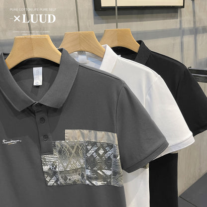 LUUD men's trendy brand personality patch lapel short-sleeved men's summer new product ruffian handsome retro POLO shirt T-shirt top