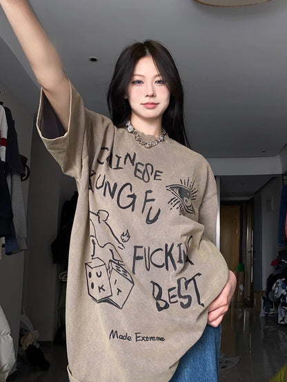 BabyStudios street graffiti round neck cotton short-sleeved men's and women's American style loose design sense t-shirt 2023 summer