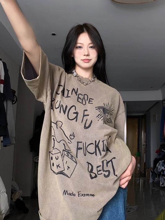 BabyStudios street graffiti round neck cotton short-sleeved men's and women's American style loose design sense t-shirt 2023 summer