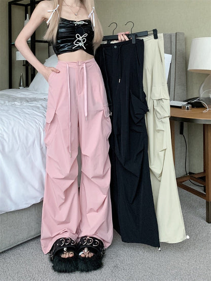 American retro functional wind tooling casual pants women's summer elastic waist drawstring high waist loose wide-leg pants trousers