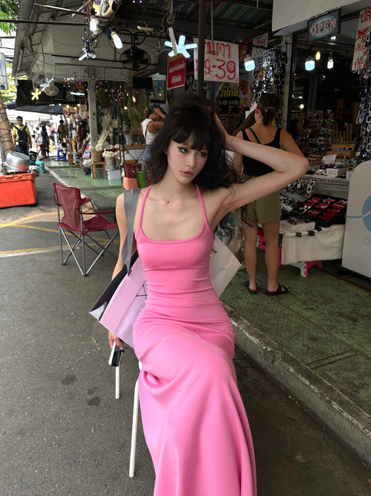 0122stepll Wandering Tyrande pink suspender skirt female summer hot girl slim holiday long dress