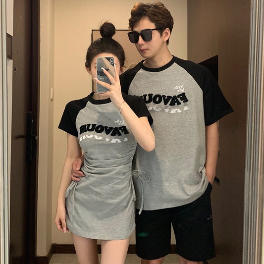 The same color couple dress, one dress, one dress, female 2023 new summer T-shirt, high-end suit, special