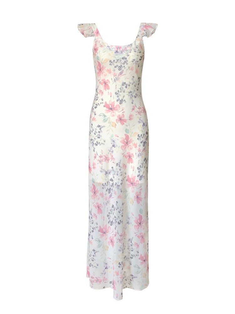Middletone | Flower Shadow Hibiscus~Gentle Bias Cut Slim Long Large Round Neck Flying Sleeve Printed Dress