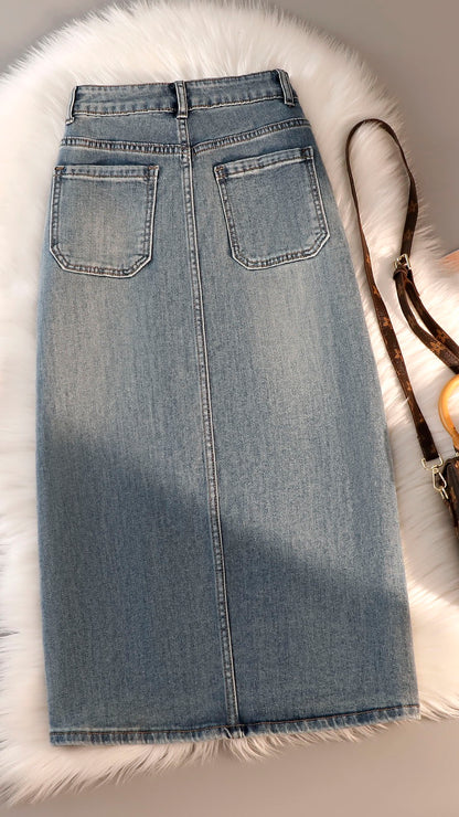 High waist denim skirt women's summer new over-the-knee mid-length pear-shaped wear design sense slit bag hip skirt