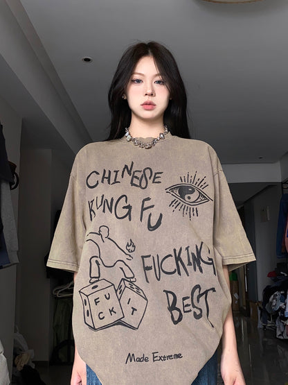 BabyStudios street graffiti round neck cotton short-sleeved men's and women's American style loose design sense t-shirt 2023 summer