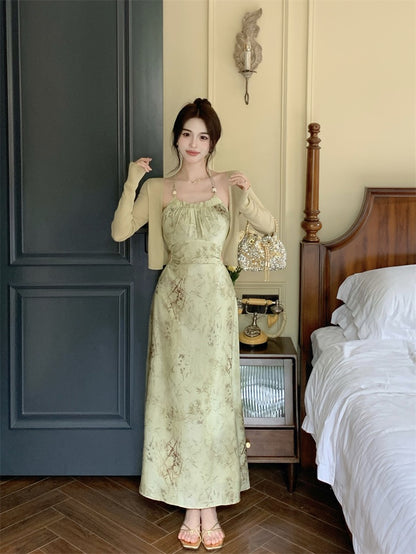 Gentle waist sling dress women's summer new Chinese style national style retro a-line skirt floral temperament long skirt