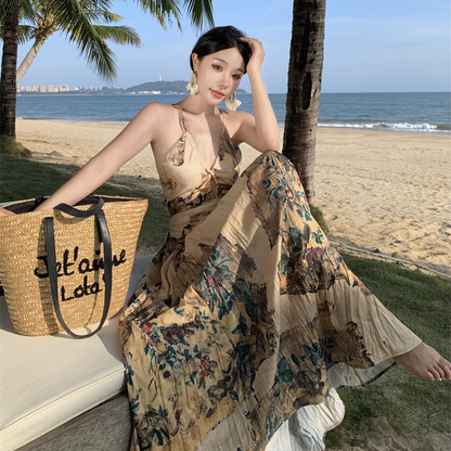 New Chinese style retro print suspender dress women's design sense folds backless thin seaside holiday inner skirt