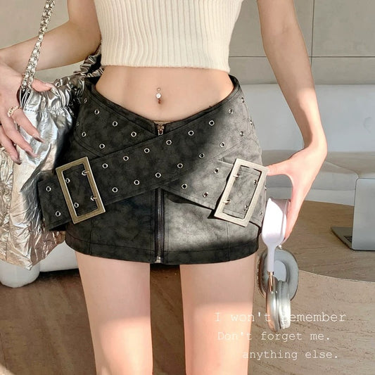 Hot girl washed old pu leather skirt female summer black skirt sexy retro low waist skirt bag hip skirt