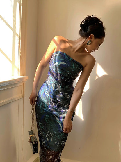 Xiaoli One Tail Blue Sparrow Floral Suspenders Hip Dress 2023 Summer French Spice Girls Sexy Slim Chic Dress