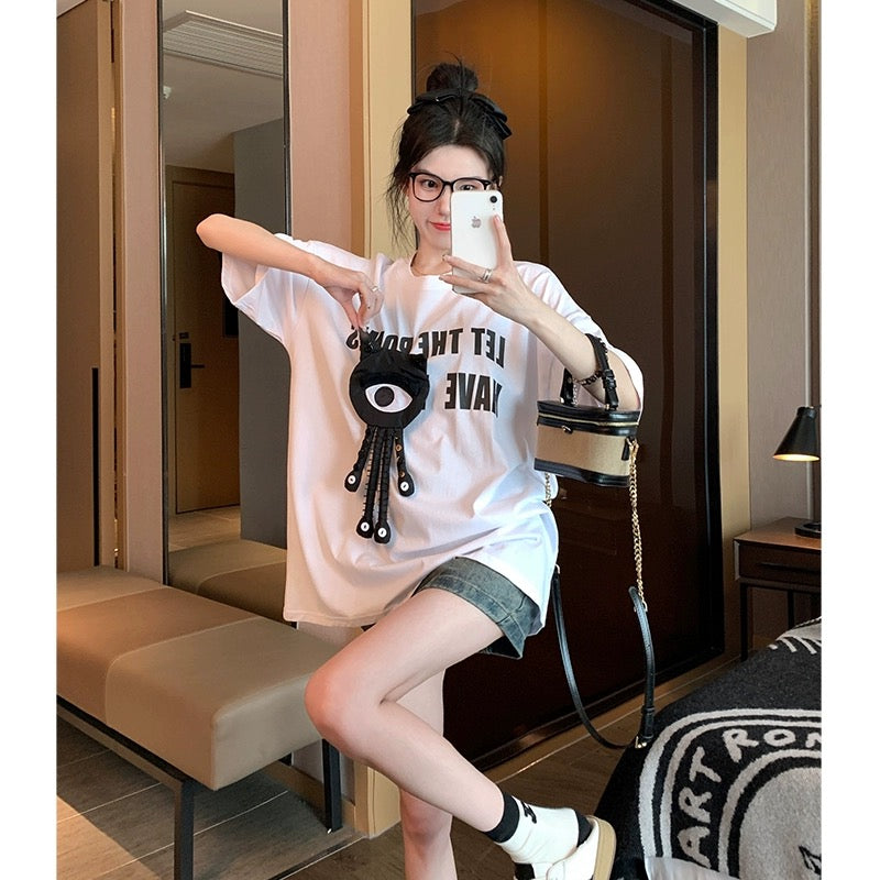 White front shoulder short-sleeved t-shirt women 2023 new summer American tide brand loose slim three-dimensional doll T-shirt tide