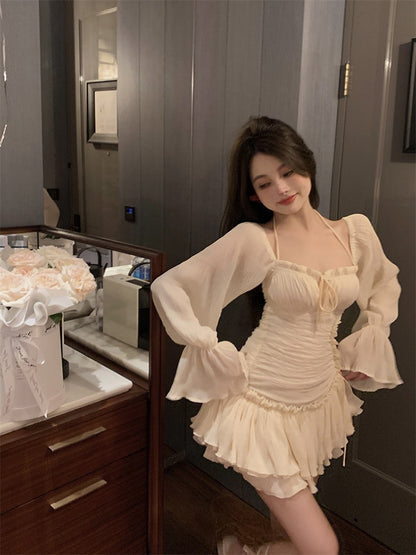 Ballet style halter neck long-sleeved dress fairy summer gentle and sweet skirt sleeveless slim waist princess skirt