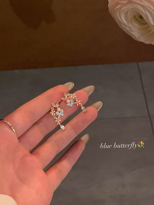 Temperament butterfly flower pearl earrings light luxury niche earrings women's earrings high-end sense no ear holes mosquito coil ear clips