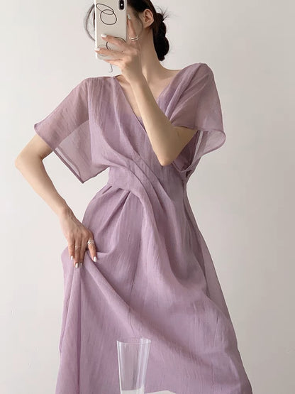 ICTS Half Poetic Half Fireworks Dry Pink Rose Cross Neck Pleated Elegant Translucent Skin-Revealing Dress