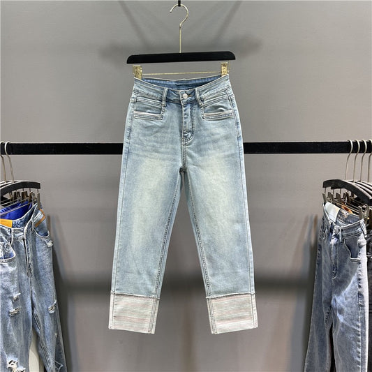 European trousers splicing rolled edge straight jeans women's summer high waist thin cigarette pants small eight nine pants