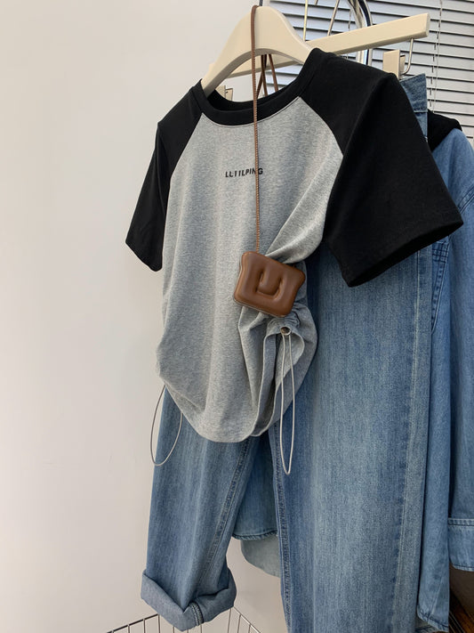 Gray drawstring American retro raglan shoulder t-shirt women's summer summer design sense niche small short-sleeved slim top