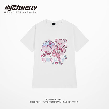Ins doll pink bunny cream cake cute retro girls men and women loose all-match white short-sleeved T-shirt bfu