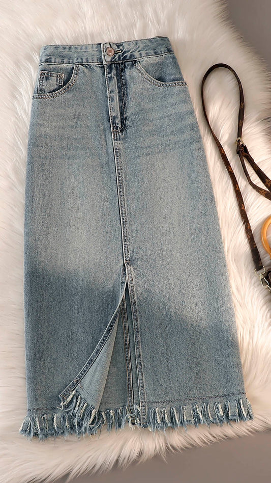 Tassel denim skirt women's summer new style A-line skirt with slits and hips
