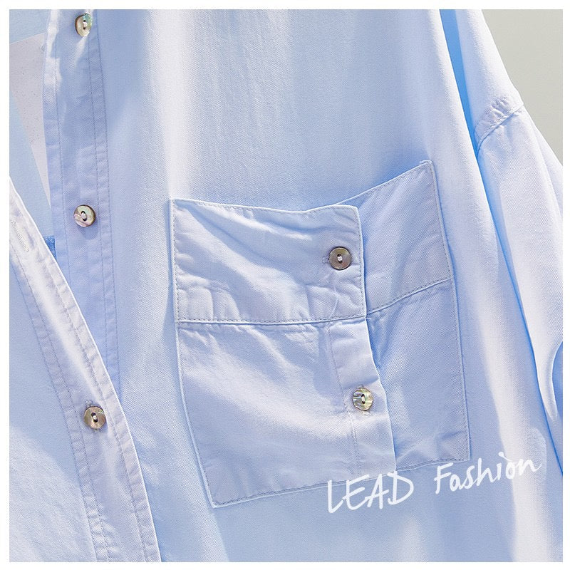 Tencel denim cotton roll-sleeved casual shirt women 2023 summer new Korean fan art loose shirt top cardigan