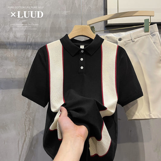 LUUD light luxury color contrast knitted lapel POLO shirt British style handsome casual slim handsome men's tops