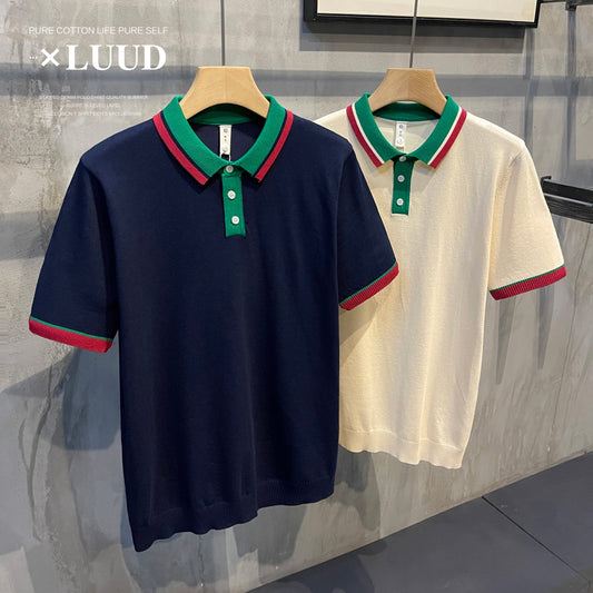 LUUD Korean Youth Casual Color Matching Knitted POLO Shirt Summer Simple Quality Versatile Business Slim Polo Shirt Men