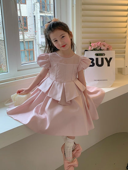 Girls dress 2023 summer new foreign style pink little girl skirt puff sleeve children's birthday princess dress